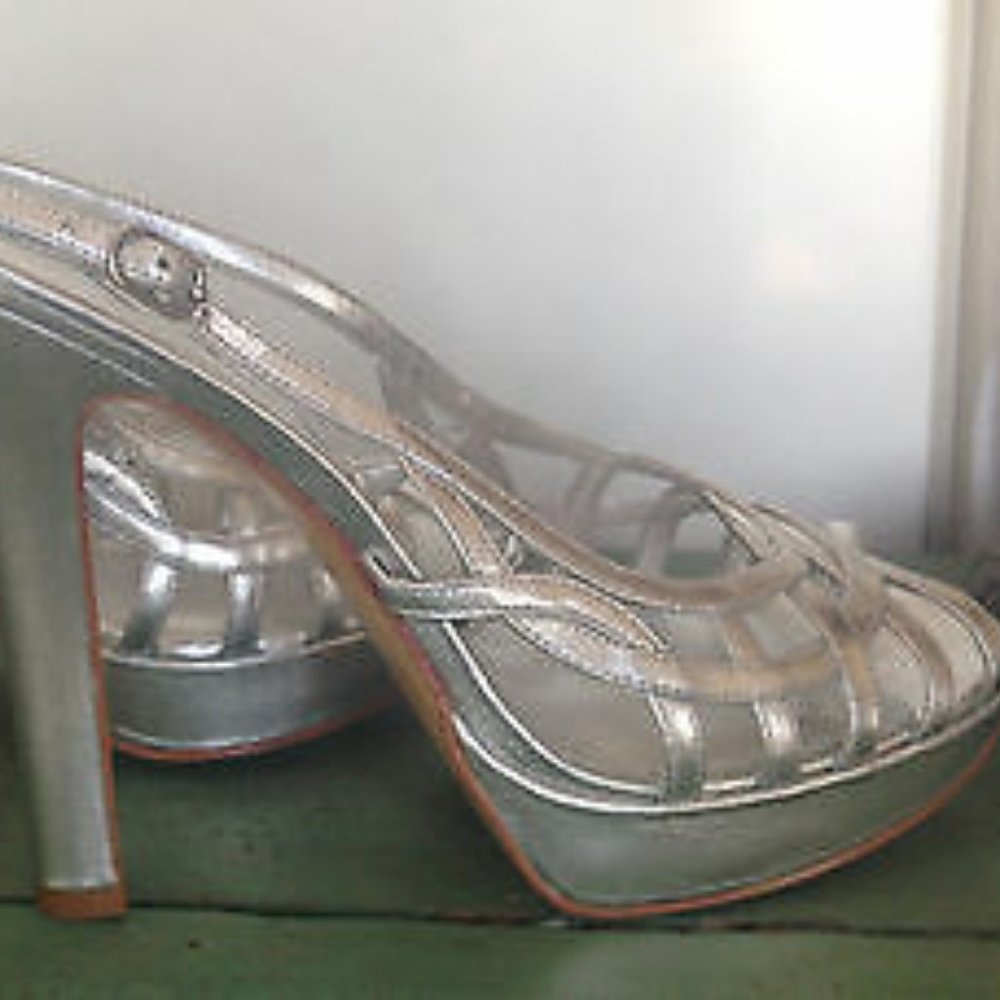 Nina Silver Metallic leather Platform sling backs